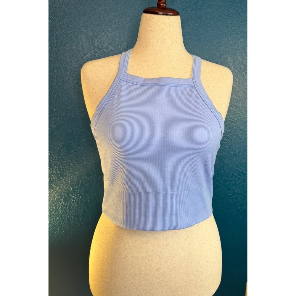 Athleta Ribbed High Neck Racerback Crop Top Periwinkle Blue Seamless Style Tank